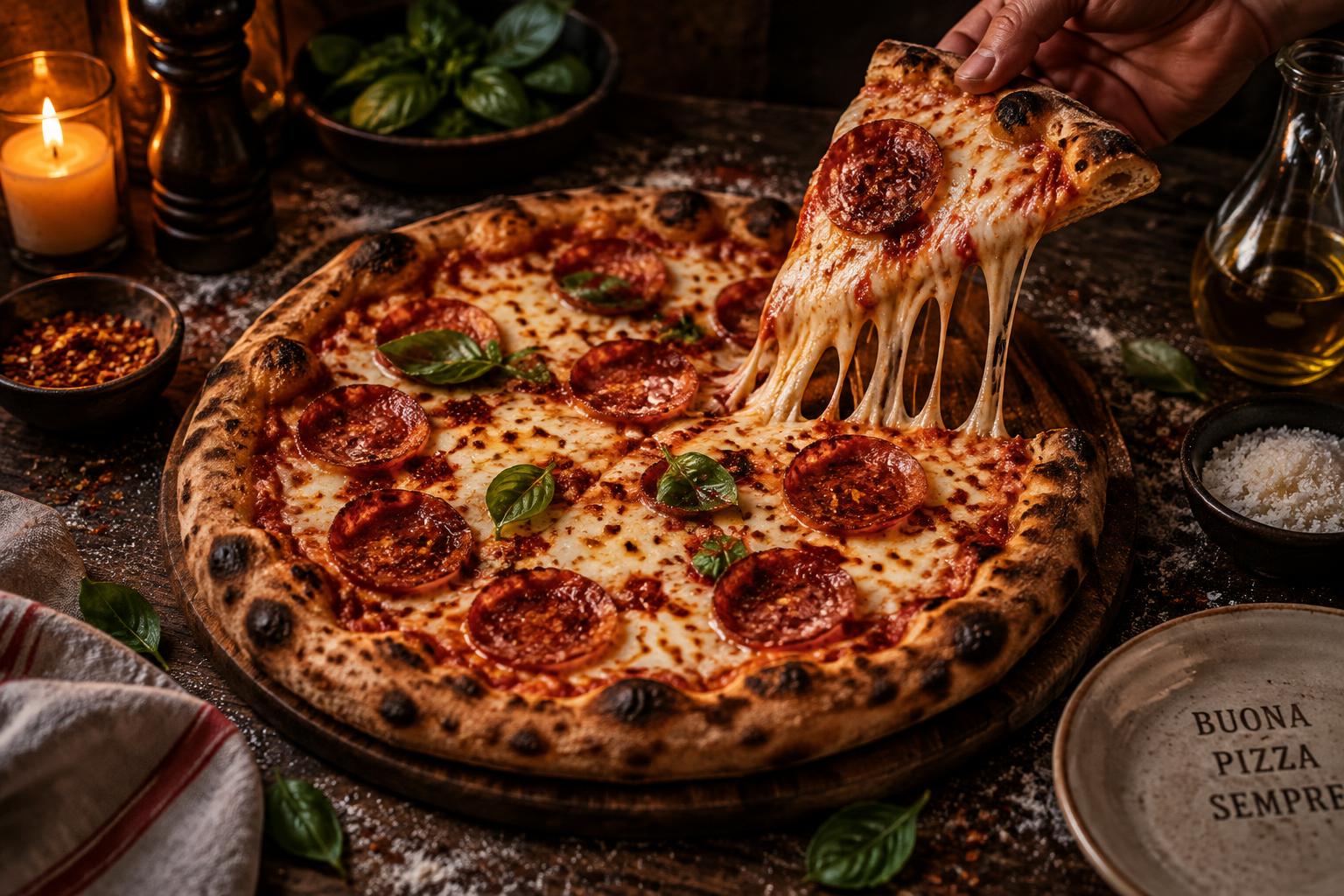 Pizza Diavola finita sul tavolo, una fetta sollevata con il filante della mozzarella