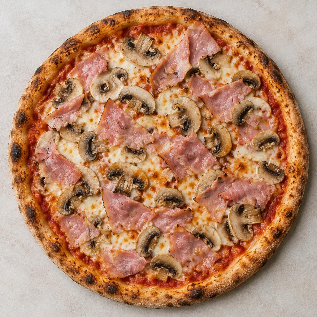 Pizza Prosciutto e Funghi: esempio del risultato dopo la cottura a casa