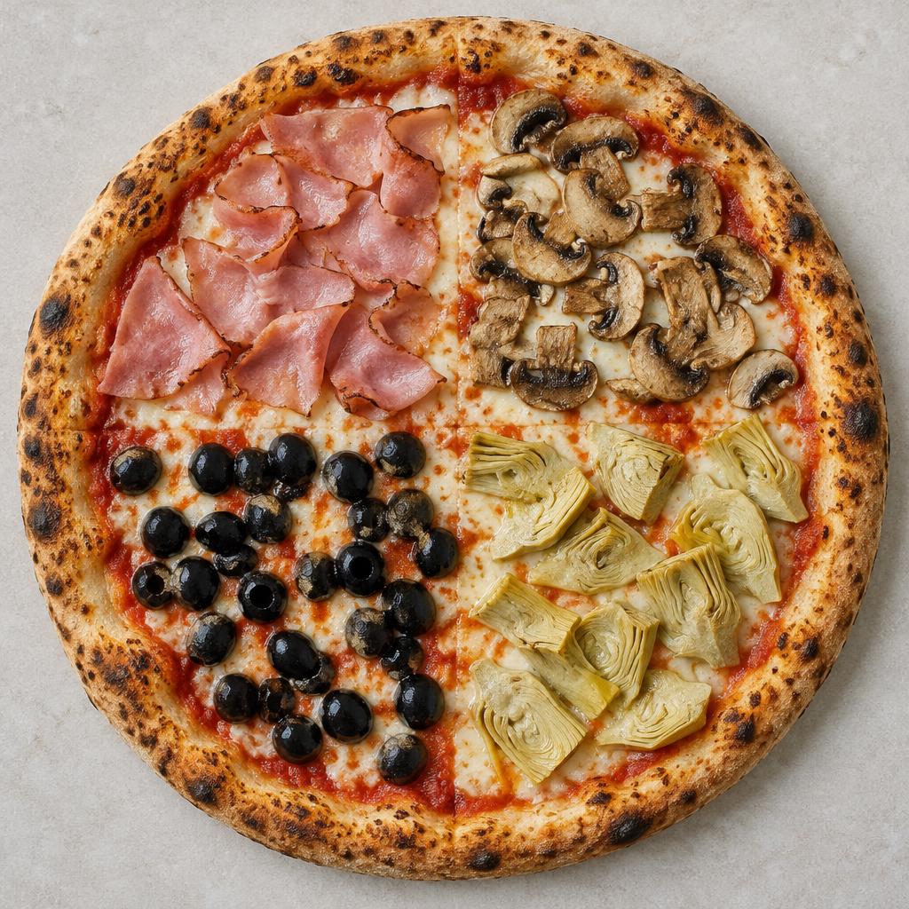 Pizza Quattro stagioni: esempio del risultato dopo la cottura a casa